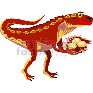 This clipart image features a stylized red dinosaur with yellow accents and green diamond-shaped patterns on its back. The cartoonish dinosaur has a friendly expression with a big smile and is holding three eggs in its hands, suggesting it might be taking care of its offspring.