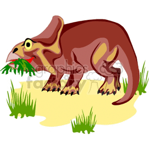 The clipart image features a cartoon of a brown dinosaur with a prominent head crest indicative of a Parasaurolophus. The dinosaur is depicted on a sandy background with patches of green grass. It appears to be eating some vegetation as green leaves are shown protruding from its mouth. 