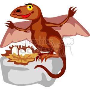 In this clipart image, there is a cartoon of a brown dinosaur. The dinosaur appears winged, a bit like a pterosaur, smiling and sitting next to a nest containing three eggs. The nest is on a rock, and the dinosaur's tail is curled around the rock.