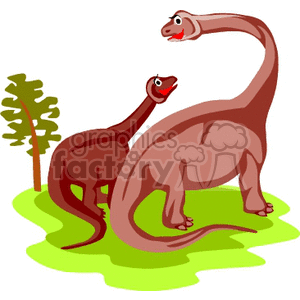 The clipart image shows two cartoon-style dinosaurs with noticeably long necks and tails, commonly referred to as sauropods. They are presented in a whimsical, simplified manner, featuring large eyes and a smiling expression. These dinosaurs are standing on a green patch, which suggests grass, with a simple tree in the background that indicates they are situated in some sort of natural environment or perhaps a park.