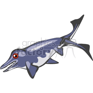The clipart image depicts a cartoon of a prehistoric marine reptile, likely intended to be an ichthyosaur, which is often grouped with dinosaurs, though it is technically not a dinosaur. The creature is stylized with a streamlined body, a dorsal fin, pectoral flippers, a long pointed snout filled with teeth, and a large eye with a red iris, giving it a playful appearance.