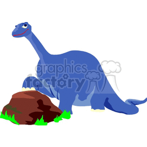The image is a clipart illustration of a friendly-looking blue dinosaur with a long neck, similar in appearance to a Brontosaurus. It is standing next to a brown rock with a few touches of green foliage at its base. The dinosaur is depicted in a simplified cartoon style.