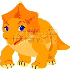 This clipart image features a cartoon representation of a baby dinosaur. The dinosaur has a friendly appearance with a big smile, large eyes, and a stout body. It appears to be orange with yellow accents and has a prominent ridge or frill on the back of its head, resembling a Triceratops or similar ceratopsid dinosaur, although it lacks the characteristic horns of a Triceratops.