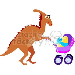 The clipart image features a whimsical, cartoon-style brown dinosaur with a long neck and tail, and red spiky details on its back. The dinosaur is smiling and pushing a purple baby stroller that contains a yellow egg with a blue bow on it. The stroller has blue wheels with white spokes.