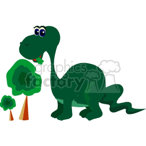 The clipart image features a cartoon of a green dinosaur with a long neck, similar to a Brachiosaurus or Apatosaurus. The dinosaur has a friendly appearance with big blue eyes and a small smile. There are also two stylized trees next to the dinosaur, with one being very small and another that is slightly larger. In addition, there are two orange cones, suggesting a playful or educational setting, such as a children's book or educational material.