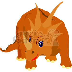 This is a clipart image of a cartoonish, friendly-looking triceratops dinosaur. The dinosaur is depicted in a whimsical style, with a brown body and large, expressive blue eyes, creating a fun and approachable character suitable for children's media or educational materials.
