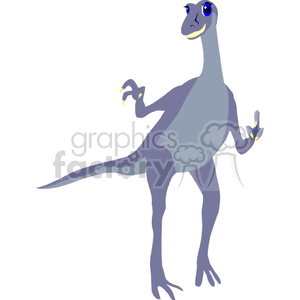 This clipart image depicts a cartoon dinosaur with a whimsical design. The dinosaur is depicted in shades of blue and purple, standing upright on two legs, with a long tail extending behind it. It has a friendly expression, big blue eyes, and its small arms are raised, with three fingers on each hand featuring yellow claws.