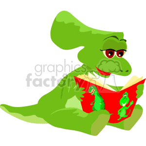 This is an image of a cartoon baby dinosaur reading a book. The baby dinosaur appears to be green with a playful expression, wearing glasses, and sitting while engrossed in a red book that also features dinosaurs on the cover.