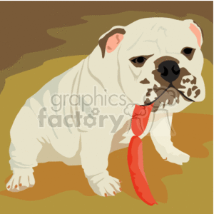 This is a clipart image of a white bulldog eating a string of sausages / hotdogs. 