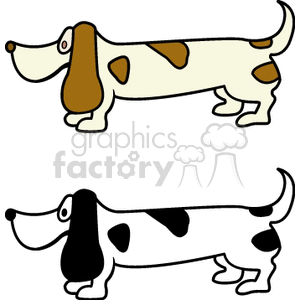 The clipart image depicts two dachshunds, also known as wiener dogs, due to their long bodies and short legs. These are stylized, cartoon representations of the breed. Both dogs have similar body shapes and features, with one of them having brown and tan coloring while the other sports a black and white coat.