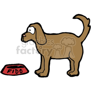 The clipart image features a brown dog standing next to a red food dish with the name FIDO on it. The dog appears to be looking at something off to the side and is not actively eating from the dish.