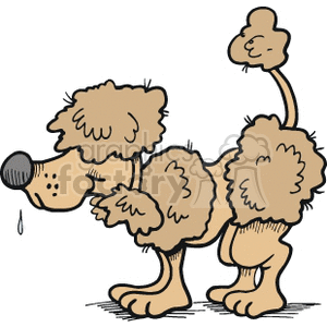The image is a clipart illustration of a poodle, which is a breed of dog known for its distinctively fluffy coat and often fancy grooming styles. The poodle in the image has patches of its body shaved, with puffs of hair around the head, tail, and legs, which is a typical grooming style for this breed. The dog's posture suggests a subdued or sad demeanor, as indicated by the drooping ears and a single droplet, which could either imply drool or a tear.