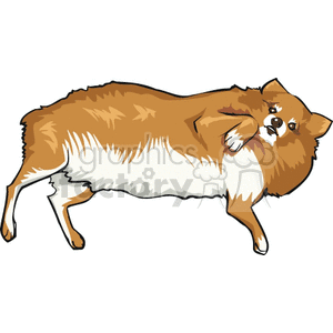 The clipart image features a cartoon of a brown and white dog in a playful pose, possibly a Corgi, with its body tilted sideways and its head turned to look upwards.