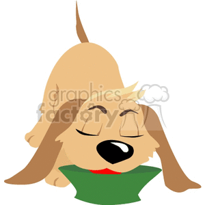 This image shows a cartoon of a happy, adorable brown puppy with its eyes closed, eating or licking food from a green bowl.