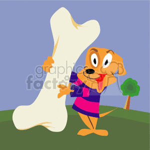 The clipart image shows a cartoon dog standing upright and holding a large bone with its front paws. The dog appears happy and is depicted with a big smile. The dog is wearing clothing, which is not typical for real animals. In the background, there is a simple representation of a grassy area with a small tree at the far right. The sky is blue, suggesting it might be a clear day.
