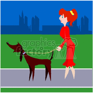 This clipart image displays a woman with red hair styled in a ponytail wearing a red dress and high heels, walking a brown dog on a leash. The background suggests an outdoor setting with a large green field and a blue sky, as well as a simplified city skyline silhouette in the distance.