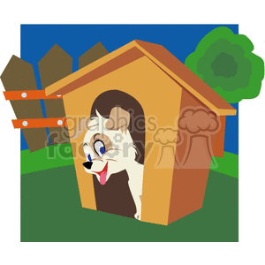 The clipart image depicts a cartoon dog poking its head out of a doghouse. The dog appears to be happy or friendly, as indicated by its wide eyes and tongue sticking out. The doghouse is placed on a grassy area with a blue sky in the background. A wooden fence and a tree are also visible, indicating the setting might be a backyard or garden.