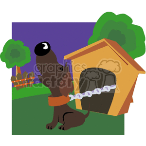 The clipart image shows a brown dog sitting outside on the grass next to its dog house. The dog appears to be barking or howling, with its head tilted upward, mouth open, and eyes closed. The dog is wearing a collar connected to a chain that is presumably attached to the dog house, indicating that it might be secured or restricted to this area. The background features a nighttime sky with trees, suggesting the scene takes place in a backyard at dusk or during the evening. The overall image portrays a common domestic scene involving a pet dog in its outdoor environment.