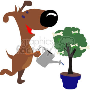 The clipart image features an anthropomorphic brown dog standing on its hind legs, holding a watering can, and watering a small tree in a blue pot. The tree has green foliage with white bones scattered throughout its branches instead of leaves.