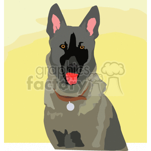 This clipart image features a German Shepherd dog. The dog has its tongue out and is wearing a collar with a tag, which suggests it is a pet. The backdrop is a simple gradient of yellow hues.