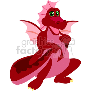 The clipart image features a cartoon-style pink dragon with a pale pink underbelly. The dragon has large green eyes, a pair of wings, and a spiky frill that starts from its head and goes down its back. It appears to be sitting down, with one hand on its lap.