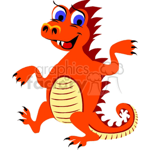 This image features a cartoon dragon with an orange body and a pale-yellow underbelly. The dragon appears friendly and animated, with big blue eyes and a broad smile. It has sharp claws, a row of spiky ridges along its back, and its tail ends in a tip that matches its underbelly coloration.