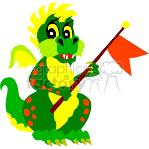The clipart image shows a cartoon-style, anthropomorphic green dragon with yellow and red spots, as well as an animated expression. The dragon has yellow mane-like spikes on its head and is holding a flag with a red flag on a pole.