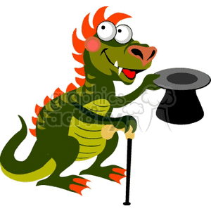 The clipart image features a cartoon dragon with green skin, orange spikes, and a playful expression, holding a hat and a stick, implying it's performing a gentlemen or dancing 