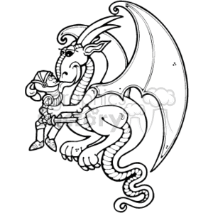 This is a black and white clipart image featuring a stylized dragon and a knight in what appears to be a friendly or playful interaction rather than a battle. The dragon has large wings, a long tail, and is depicted in a whimsical, cartoonish style. The knight is wearing armor and a helmet and seems to be engaging with the dragon in a non-threatening manner. Both characters are represented in a manner consistent with Western medieval fantasy themes.