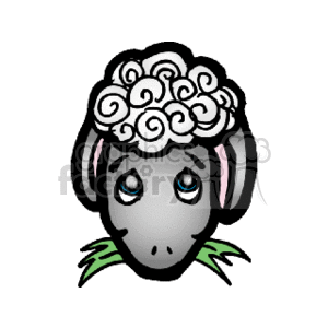 The clipart image depicts a cute cartoon sheep or lamb. The sheep has a black face with blue eyes, and its wool is shown in a stylized manner on top of its head. The sheep's ears are drooped to the sides, with a mouth full of grass. It's a simple and adorable representation, likely designed to appeal to children or for use in friendly, non-threatening contexts.