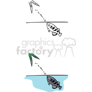The clipart image depicts two scenes separated by a horizontal line suggesting the surface of the water. In the top scene, above the water, we see an insect hovering. Below it, a fish is jumping out of the water, spitting a stream of water droplets toward the insect, as if attempting to hunt it. The bottom scene is similar, but it occurs underwater: a fish is spitting water at a bug on a plant , with the aim of knocking it into the water to eat