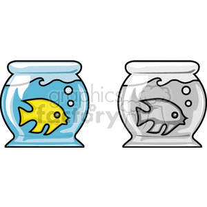 The image displays two fishbowls side by side, each containing a single fish. The fishbowl on the left is colored with blue water and has a bright yellow fish inside, which is stylized and smiling. The fishbowl on the right is depicted in grayscale with gray water and a gray fish, also stylized and smiling. Both fishbowls show bubbles, indicating water environment.