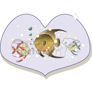 The image depicts three stylized fish swimming inside a heart-shaped frame that gives the impression of an aquarium or ocean environment. The fish appear to be tropical species, surrounded by air bubbles with a light blue to dark blue gradient. The heart frame has a slight shadow, adding a bit of depth to the image, and there's a sparkly star embellishment at the top right corner of the heart.