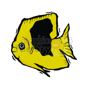The image is a clipart representation of a tropical fish. It is stylized with a bold yellow color and a prominent black patch on its body. The fish has a distinct eye and mouth, typical of cartoon or clipart depictions. The overall impression is of an exotic and potentially tropical marine life form, often associated with aquariums or coral reefs.