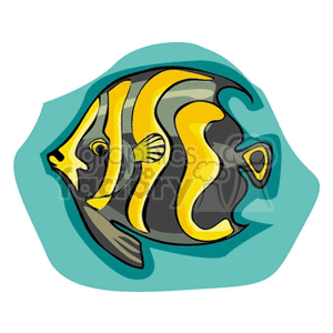 This clipart image features a stylized tropical fish with a striking pattern. The fish is predominantly yellow and black with some gray shading, and it appears to be swimming against a light blue aquatic background. Its fins and tail display a mix of the same colors, and its eyes are detailed, giving it a lifelike appearance.