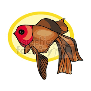 The image is a clipart illustration of a stylized tropical fish. The fish has a large, prominent eye, and its body is adorned with varying shades of brown and orange. It has flowing fins and a round tail, and the background features a yellow ellipse, possibly representing the sun or light.