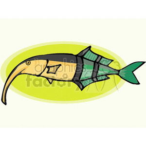 The image is a clipart of a stylized tropical fish. The fish has a long pointed bill, similar to a marlin or swordfish, indicating it could be an artistic representation of a billfish. It is colored with a combination of yellows, greens, and blacks, and it is set against a yellowish-green oval background.