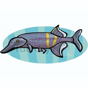 The image depicts a clipart illustration of a stylized fish, designed with a cartoonish appearance. It has a long body with purple and blue tones, and a distinctive yellow stripe across it. The fish is shown with a pointed, duck-like snout, and its fins and tail are emphasized in the design to give it a dynamic look. The background consists of blue wavy lines, suggesting an aquatic environment.
