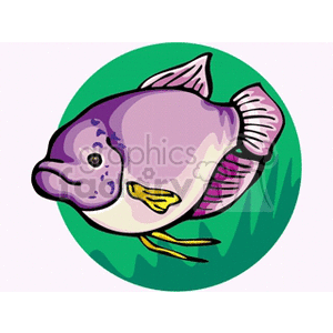 The clipart image depicts a stylized, colorful tropical fish. The fish features a combination of purple and white hues with yellow fins and a rounded body shape, presented on a backdrop that suggests aquatic vegetation or waves with its green pattern.