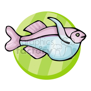 The clipart image shows a stylized tropical fish. The fish appears to be colorful with shades of pink and light blue, featuring simplistic fin and body shapes. It is set against a green circular background, possibly representing a simplified aquatic environment or a decorative element.