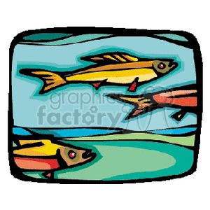 The image is a colorful clipart featuring two stylized fish that resemble salmon. They are depicted in a simplistic and abstract manner with bold outlines and flat colors, swimming against a blue aquatic background.