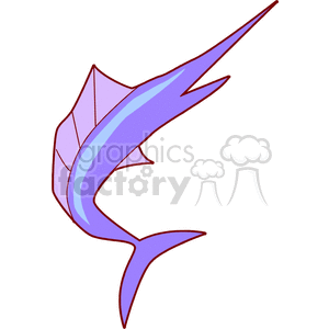 This clipart image depicts a stylized representation of a swordfish or marlin, characterized by its elongated body, distinctive dorsal fin, and a long pointed bill or snout. The fish is colored in shades of purple and blue.