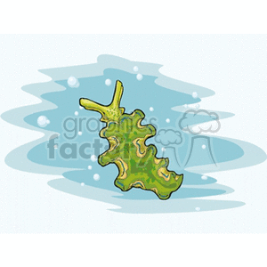 The clipart image features a single, stylized piece of green coral with a wavy outline, set against a background of blue water with bubble accents, implying an underwater scene. However, there are no fish or animals visible in the image.