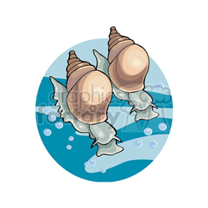 The clipart image features two stylized cartoon snails with large conical shells and soft, flowing bodies, giving the impression that they are underwater. The snails seem to be swimming and bubbles are visible around them, emphasizing the underwater theme. There are no fish visible in the image.