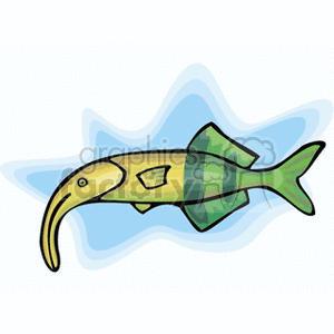 The clipart image depicts a stylized cartoon of a fish that resembles a tropical or exotic species, possibly inspired by an elephant fish or a similar type due to its extended snout. The fish is illustrated with a pattern of green and yellow hues, with a simple blue water-like background suggesting its aquatic nature.