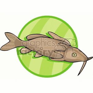 The clipart image shows a cartoon depiction of a fish, which appears to be a catfish based on its distinctive barbels around the mouth region. The image has a stylized appearance with a simplified design, making it suitable for educational materials or children's content. The fish is set against a circular background with a green striped pattern.