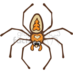 The image is a cartoon-style clipart of a spider. It features a stylized representation of a spider with a country or rustic theme, evidenced by the warm colors and whimsical design patterns on its body. Specifically, there's a pine tree shape and a heart depicted on its back, adding to the country vibe. The spider has large, friendly eyes, which adds a cute and non-threatening character to the insect's depiction. This type of image might be used for educational purposes, children's books, or as a decorative element with a nature theme.