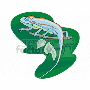 This image features a cartoon illustration of a chameleon. The chameleon is colored in hues of blue and orange, and it's perched on a green leaf, which suggests that it might be in a tree or a plant. The background is a simple green shape that appears to represent foliage.