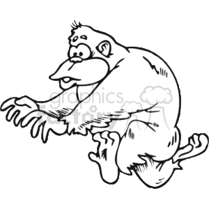 The image is a black and white clipart of a cartoon gorilla in motion, giving the impression that it's running or leaping forward. The gorilla is depicted in a simplified and stylized manner, typical for clipart images. It does not represent any specific individual or character but rather is an illustration of the animal itself.