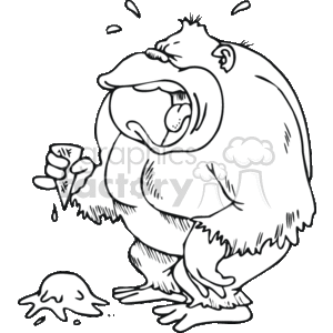 The image is a black and white clipart featuring a cartoon depiction of a gorilla that looks sad and is crying. The reason for its sadness seems to be because its ice cream has fallen to the ground, leaving it with just the empty cone in its hand. Drops of water, representing tears, are shown falling from the gorilla's eyes, adding to the impression of sadness.